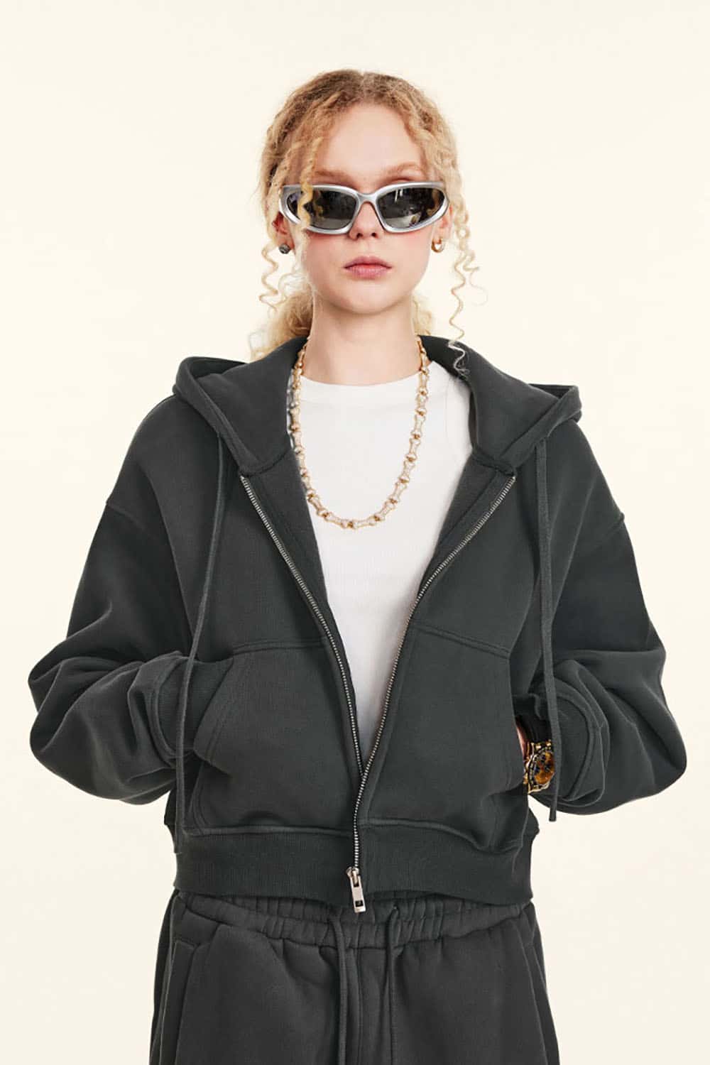 Relaxed Cropped Zip Hoodie - Dark Gray