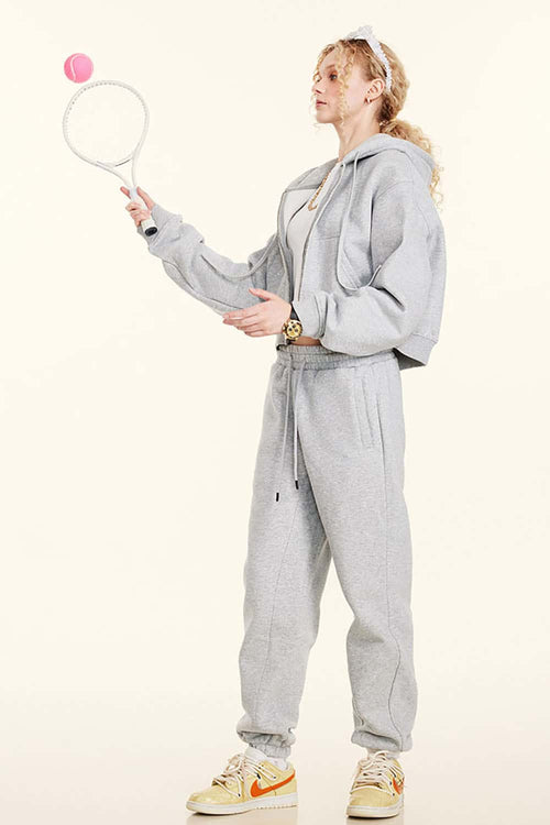 Relaxed Cropped Zip Hoodie - Flower Gray