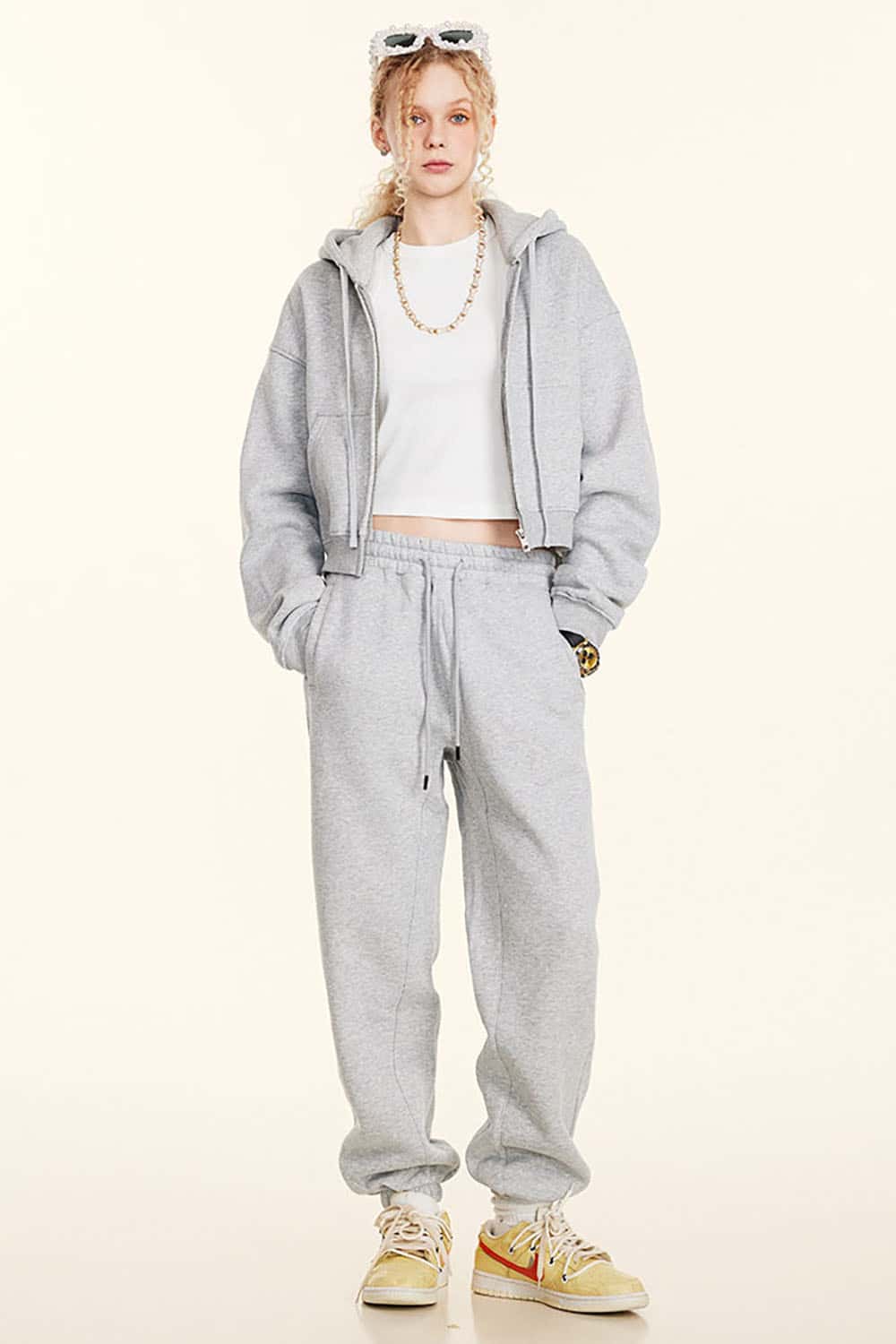 Relaxed Cropped Zip Hoodie - Flower Gray