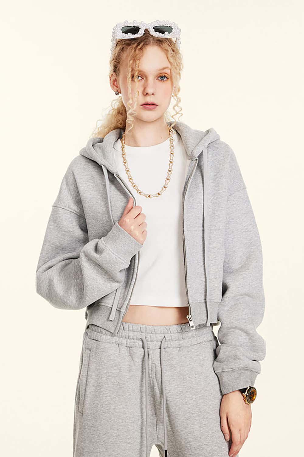 Relaxed Cropped Zip Hoodie - Flower Gray