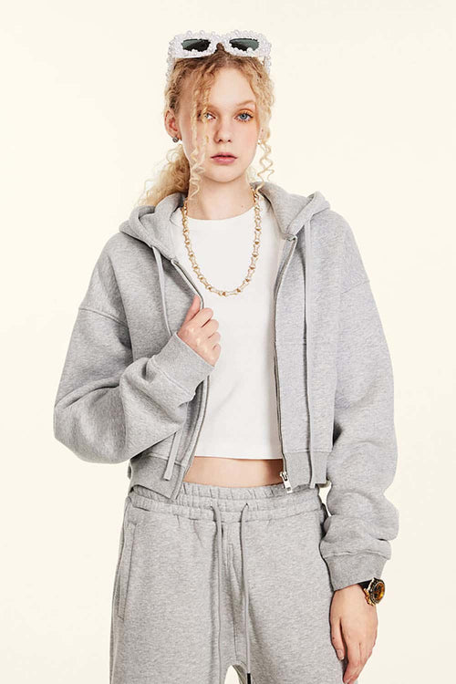 Relaxed Cropped Zip Hoodie - Flower Gray