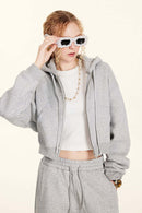 Relaxed Cropped Zip Hoodie - Flower Gray