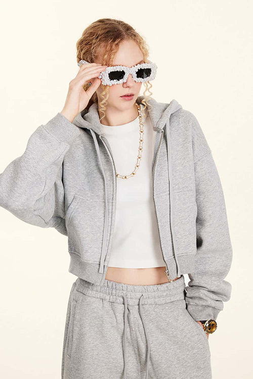 Relaxed Cropped Zip Hoodie - Flower Gray