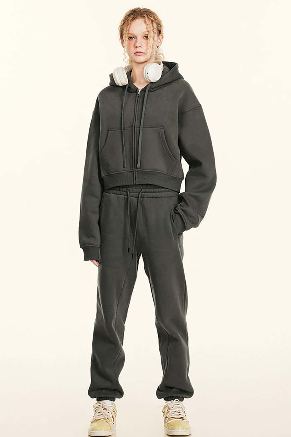 Relaxed Cropped Zip Hoodie - Gray Brown