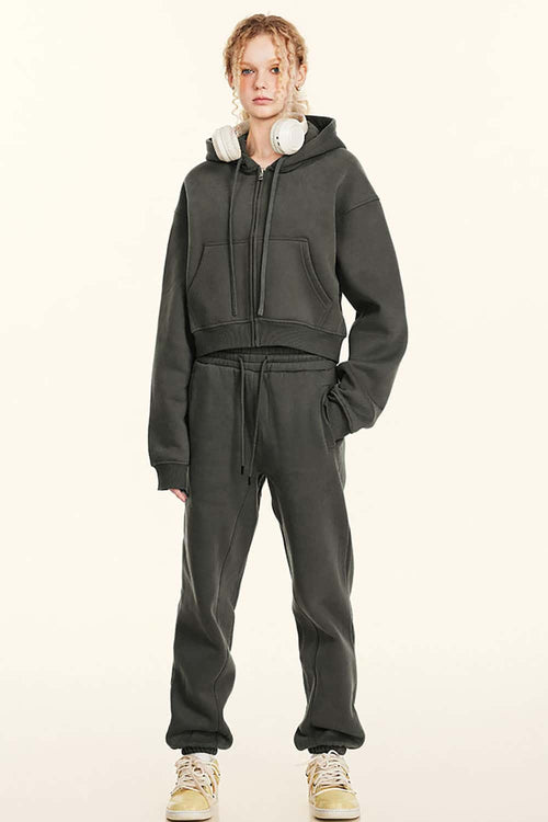 Relaxed Cropped Zip Hoodie - Gray Brown