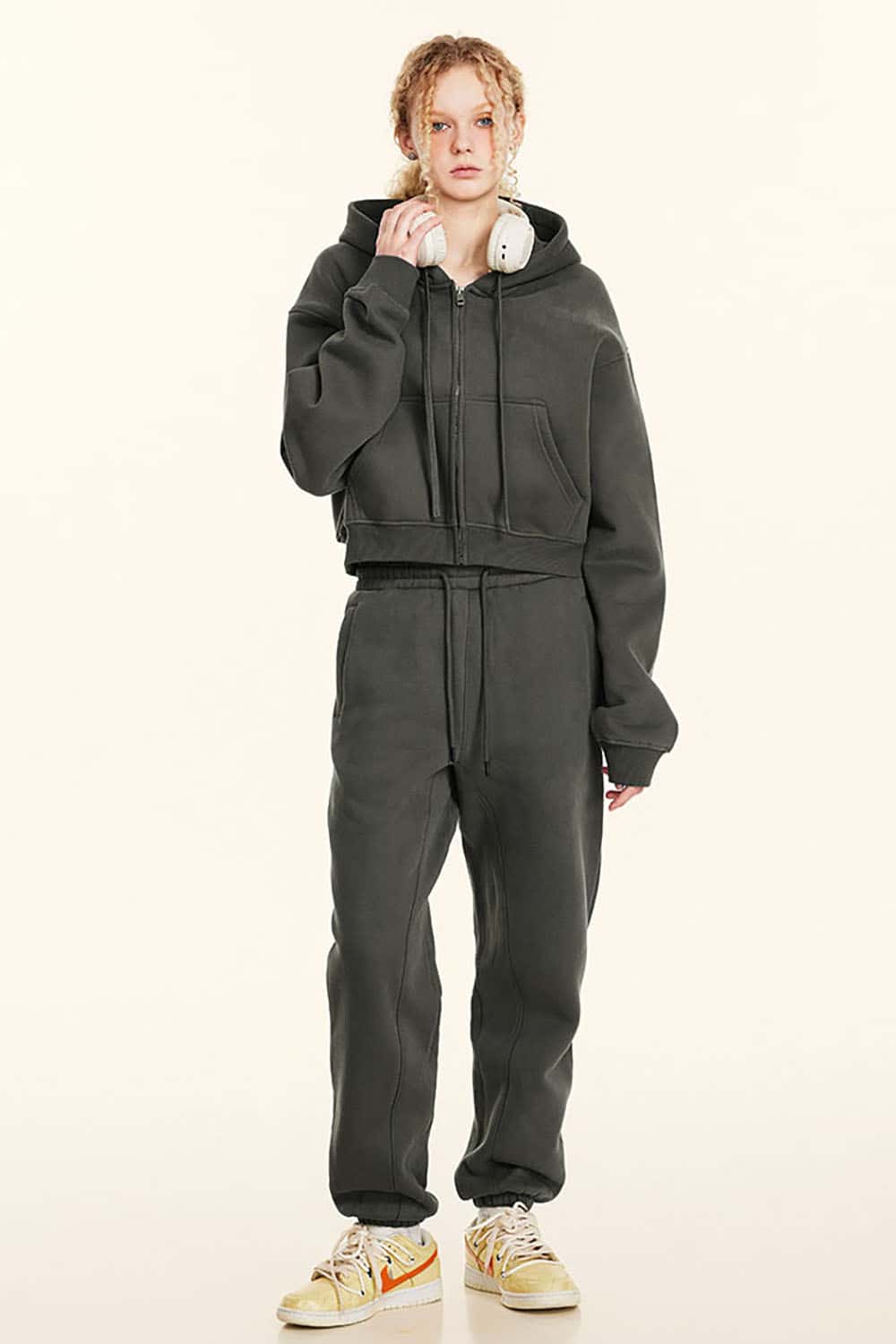 Relaxed Cropped Zip Hoodie - Gray Brown