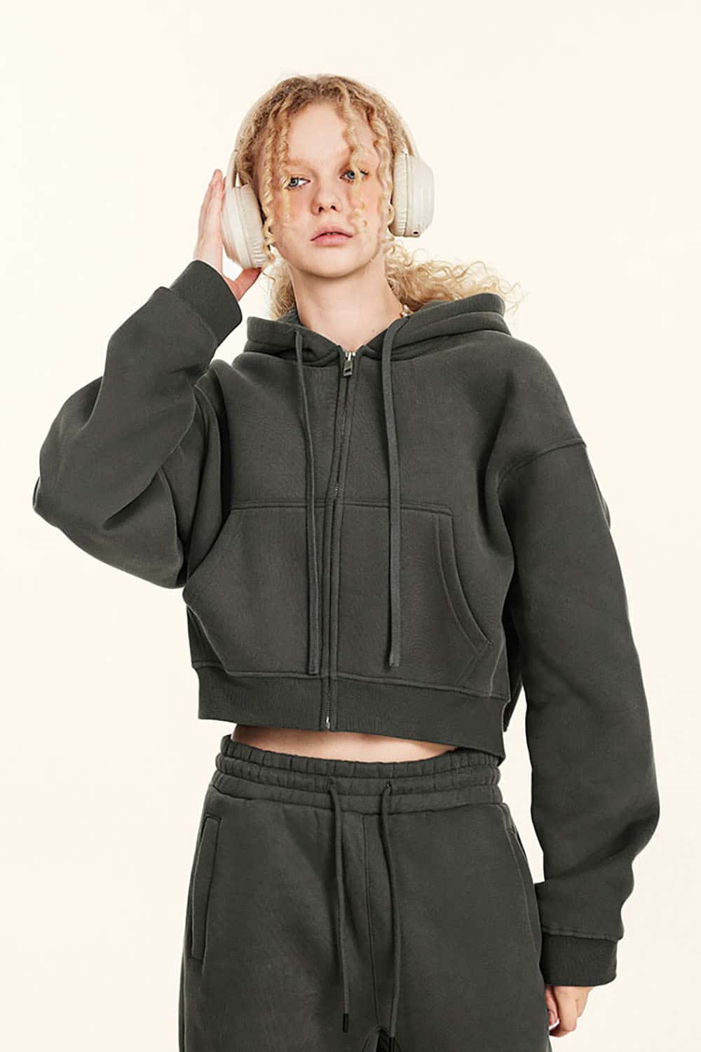 Relaxed Cropped Zip Hoodie - Gray Brown