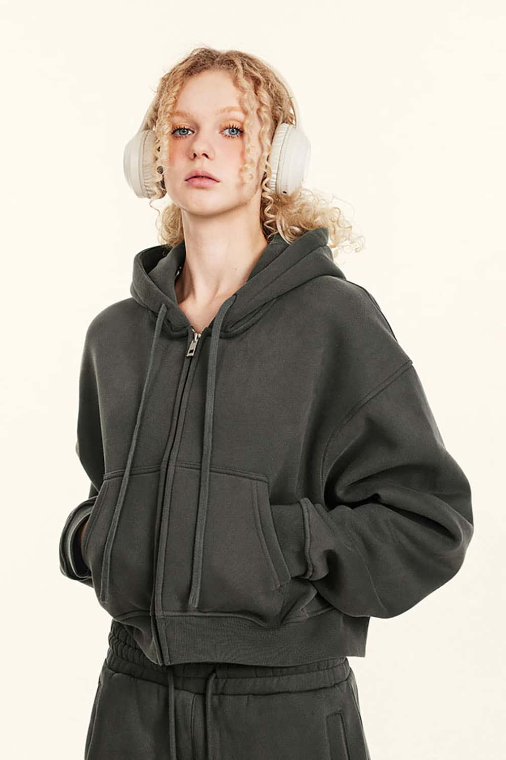 Relaxed Cropped Zip Hoodie - Gray Brown