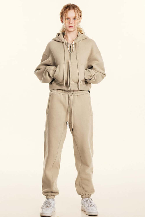 Relaxed Cropped Zip Hoodie - Khaki