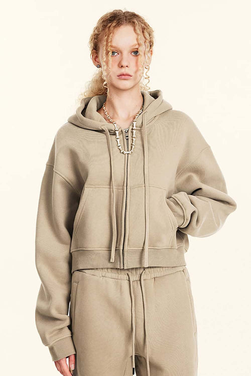Relaxed Cropped Zip Hoodie - Khaki