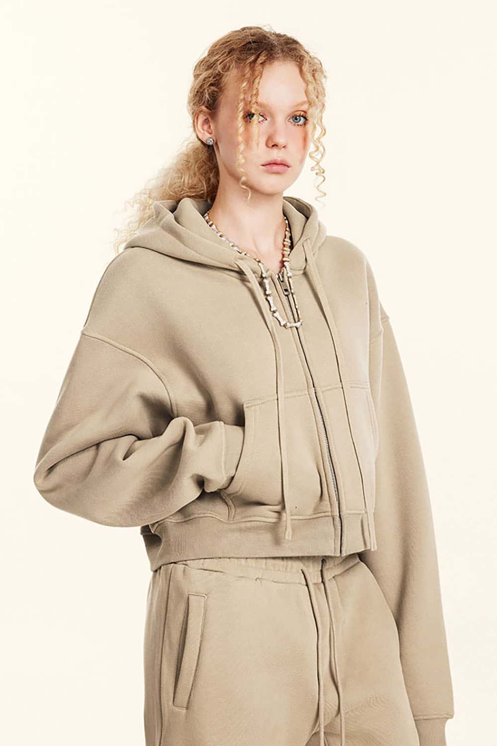 Relaxed Cropped Zip Hoodie - Khaki