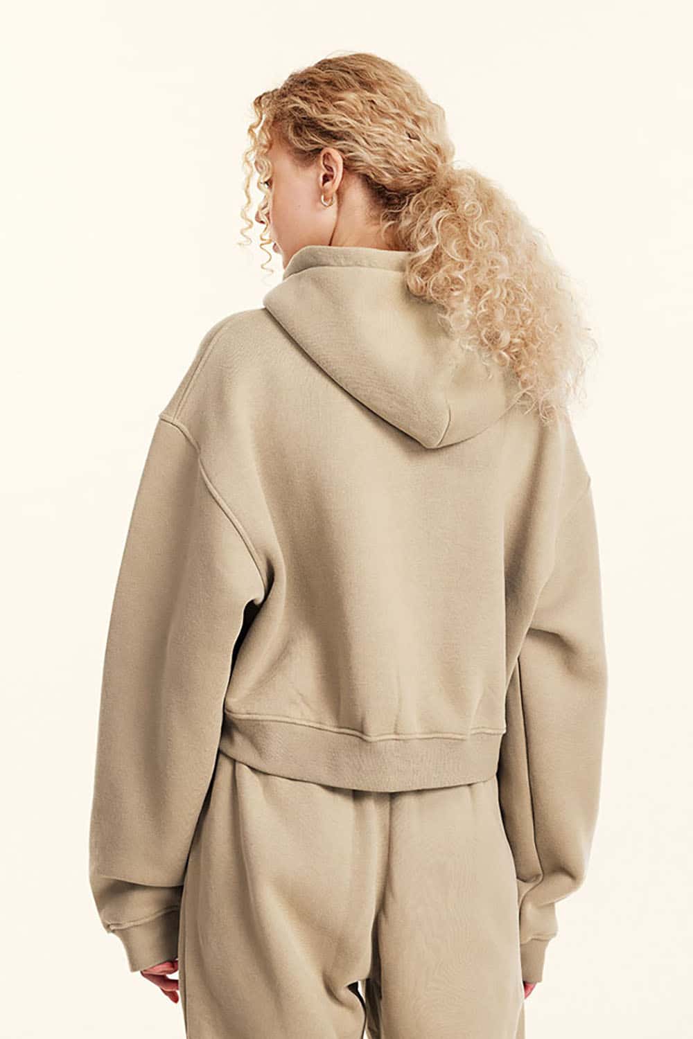Relaxed Cropped Zip Hoodie - Khaki