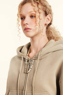 Relaxed Cropped Zip Hoodie - Khaki