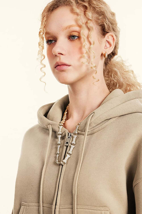 Relaxed Cropped Zip Hoodie - Khaki