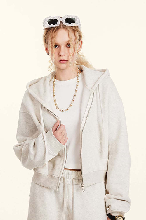 Relaxed Cropped Zip Hoodie - Oat Gray