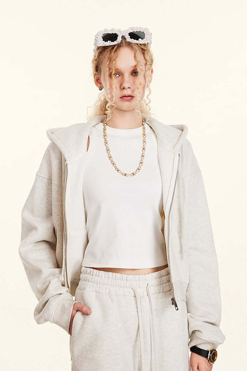 Relaxed Cropped Zip Hoodie - Oat Gray
