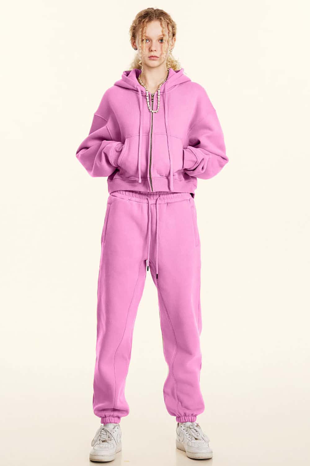 Relaxed Cropped Zip Hoodie - Rose Pink