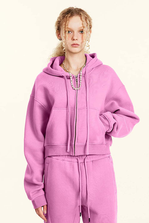Relaxed Cropped Zip Hoodie - Rose Pink