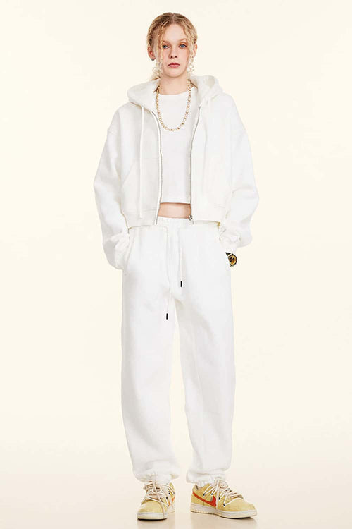 Relaxed Cropped Zip Hoodie - White