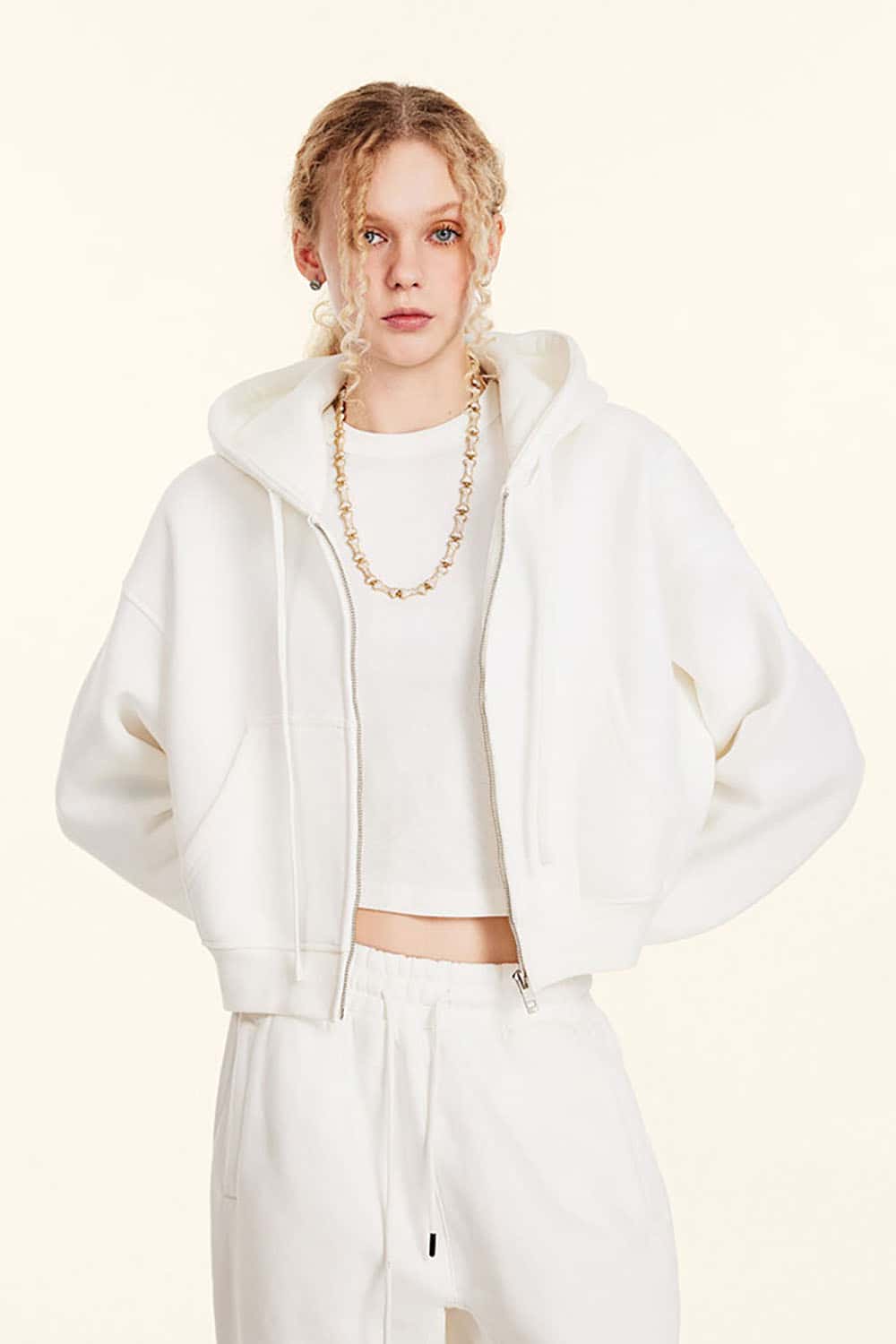 Relaxed Cropped Zip Hoodie - White