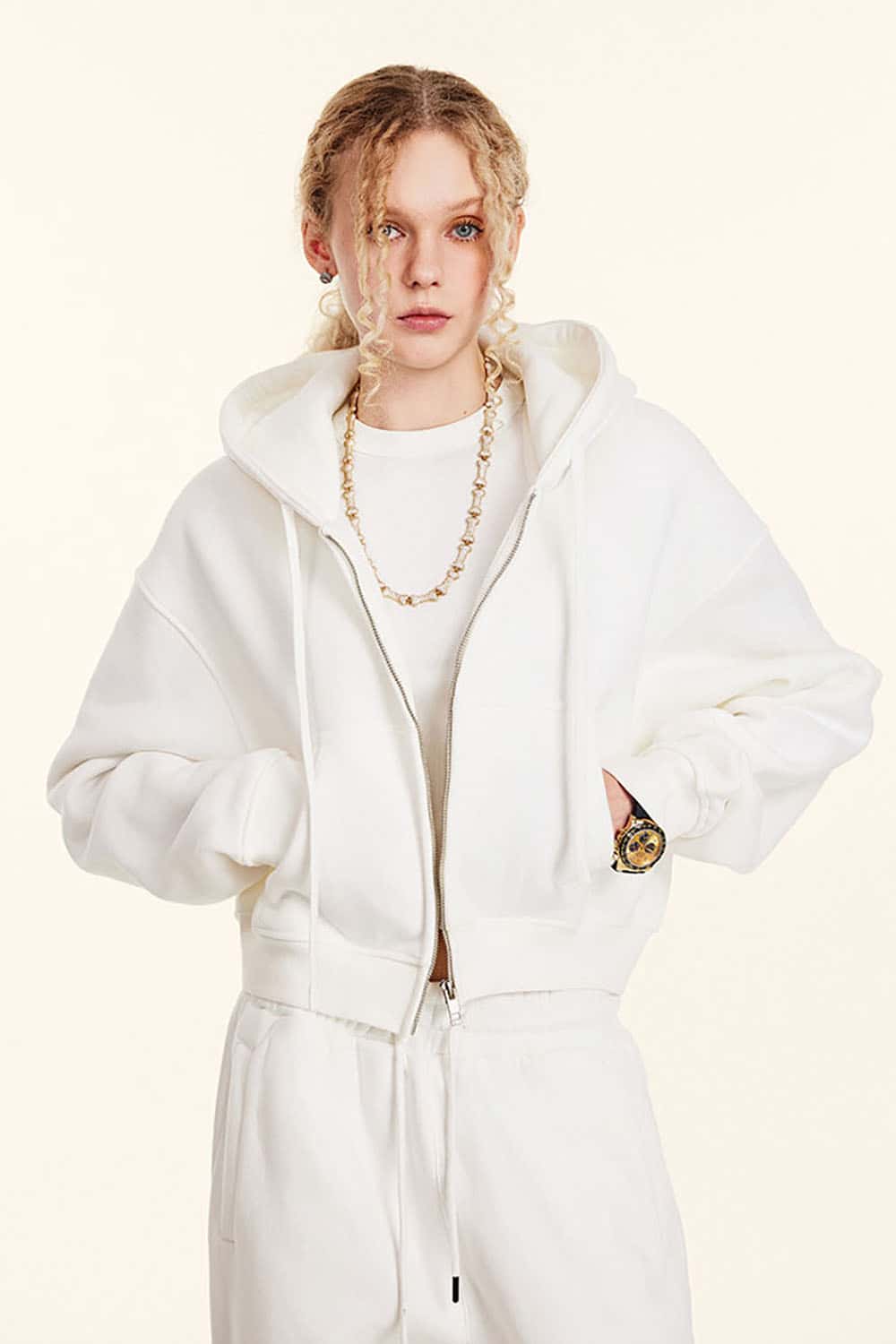 Relaxed Cropped Zip Hoodie - White