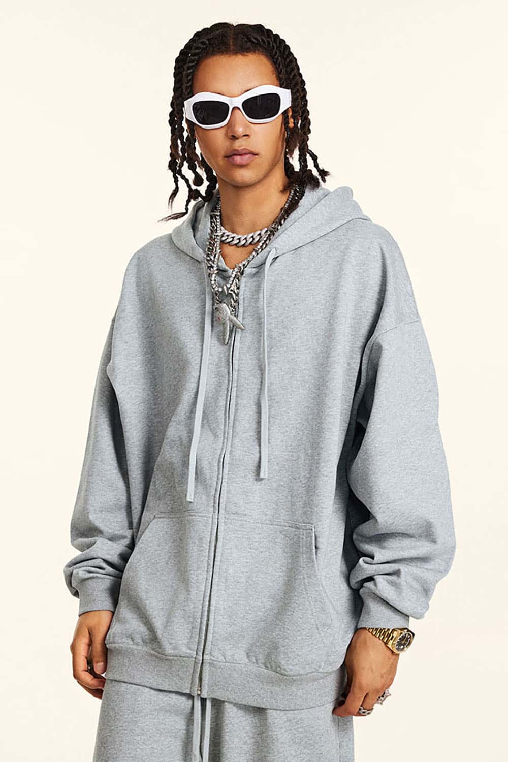Solid Color Terry Zip-Up Hoodie with Loose Casual Fit