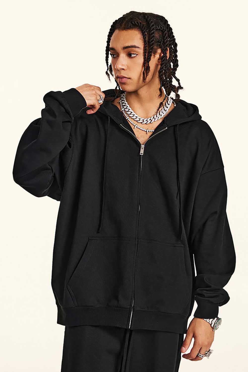 Solid Color Terry Zip-Up Hoodie with Loose Casual Fit