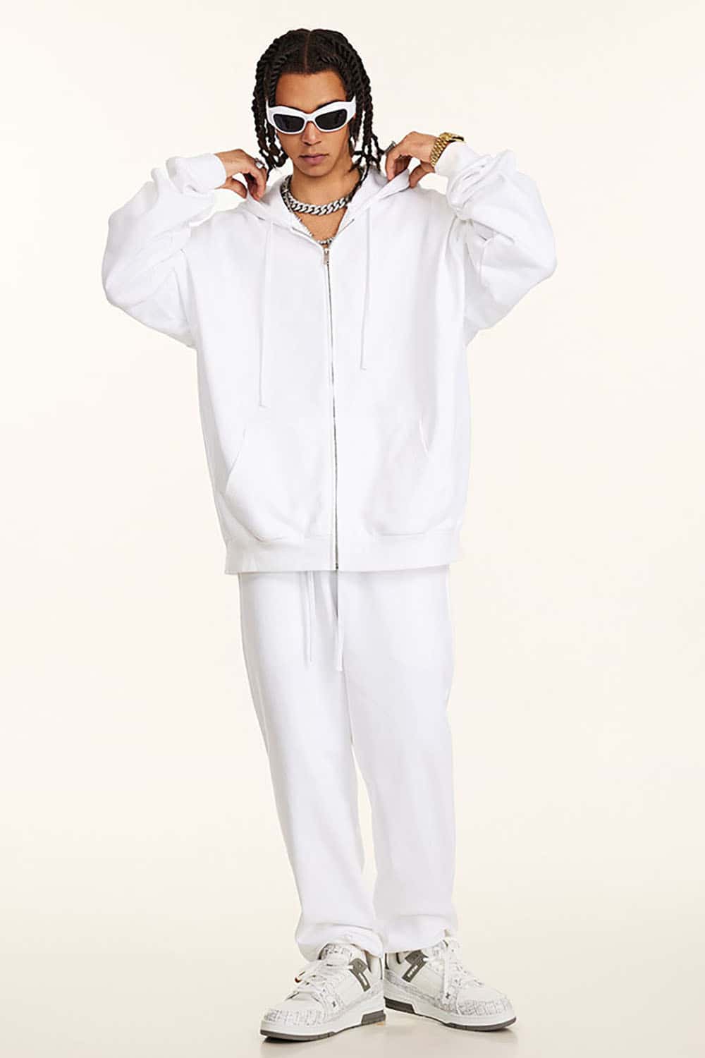 Solid Color Terry Zip-Up Hoodie with Loose Casual Fit