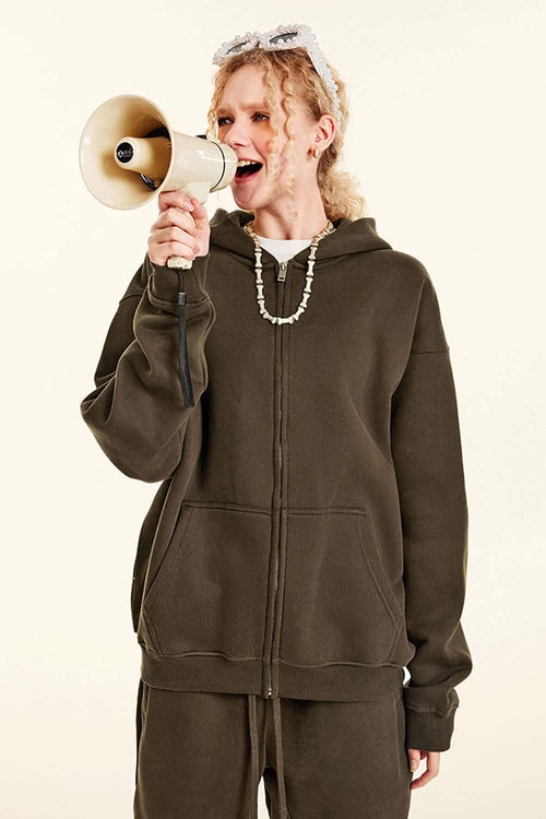 Fleece-Lined Hooded Cardigan - Brown