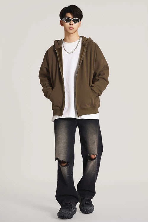 Heavyweight Fleece Full-Zip Hoodie - Brown