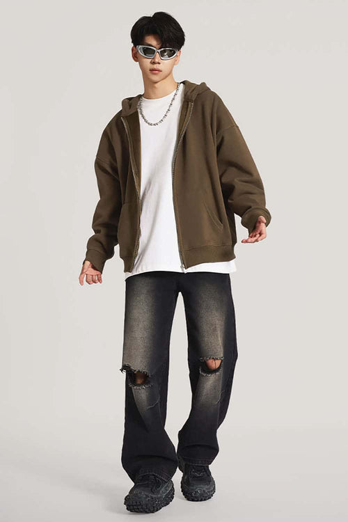 Heavyweight Fleece Full-Zip Hoodie - Brown