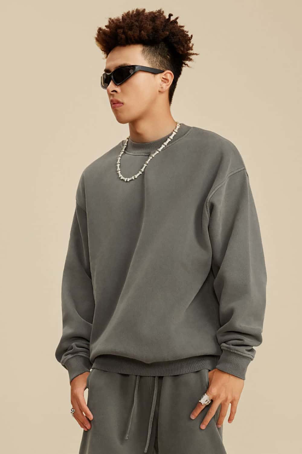 Washed Fleece-Lined Semi-High Neck Streetwear Sweatshirt