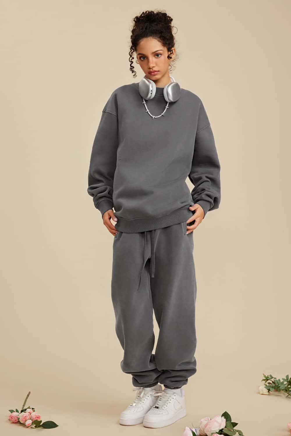 Washed Fleece-Lined Semi-High Neck Streetwear Sweatshirt