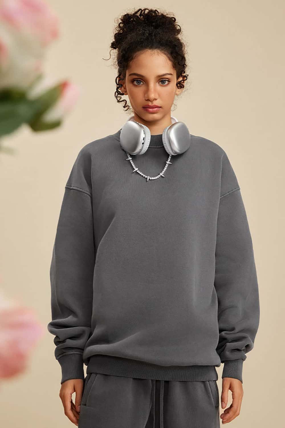 Washed Fleece-Lined Semi-High Neck Streetwear Sweatshirt