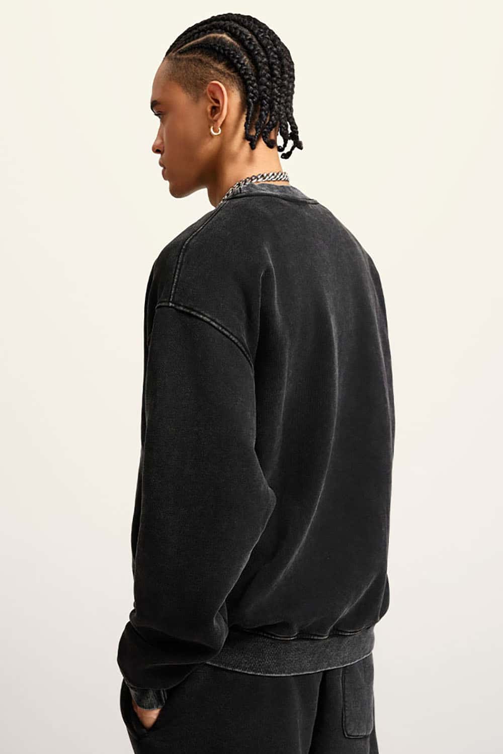 Washed Fleece-Lined Semi-High Neck Streetwear Sweatshirt