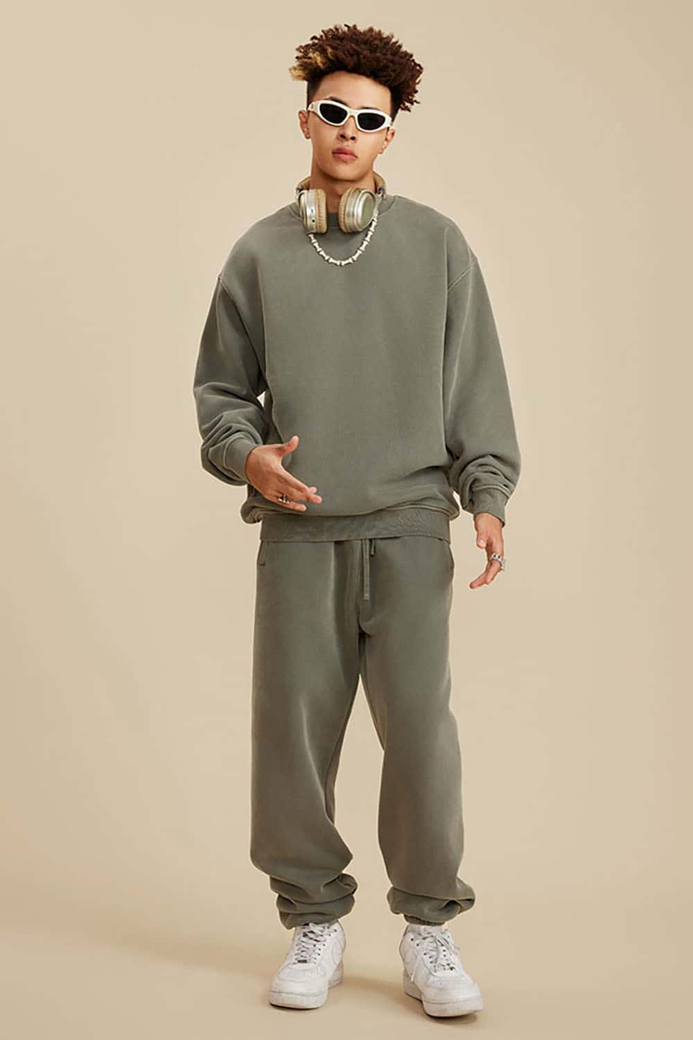 Washed Fleece-Lined Semi-High Neck Streetwear Sweatshirt