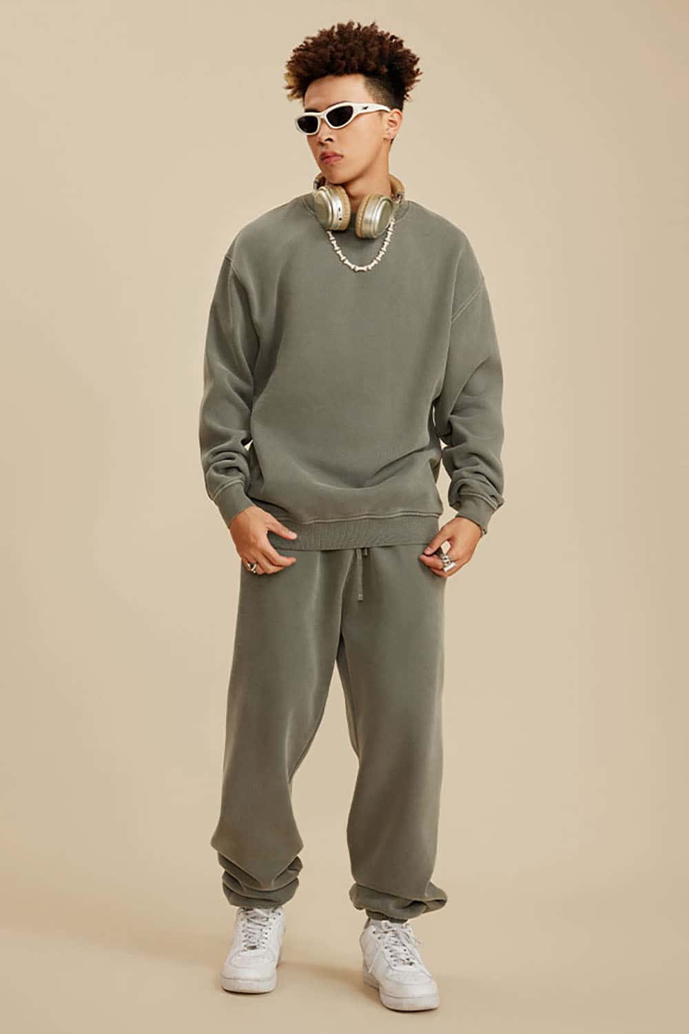 Washed Fleece-Lined Semi-High Neck Streetwear Sweatshirt