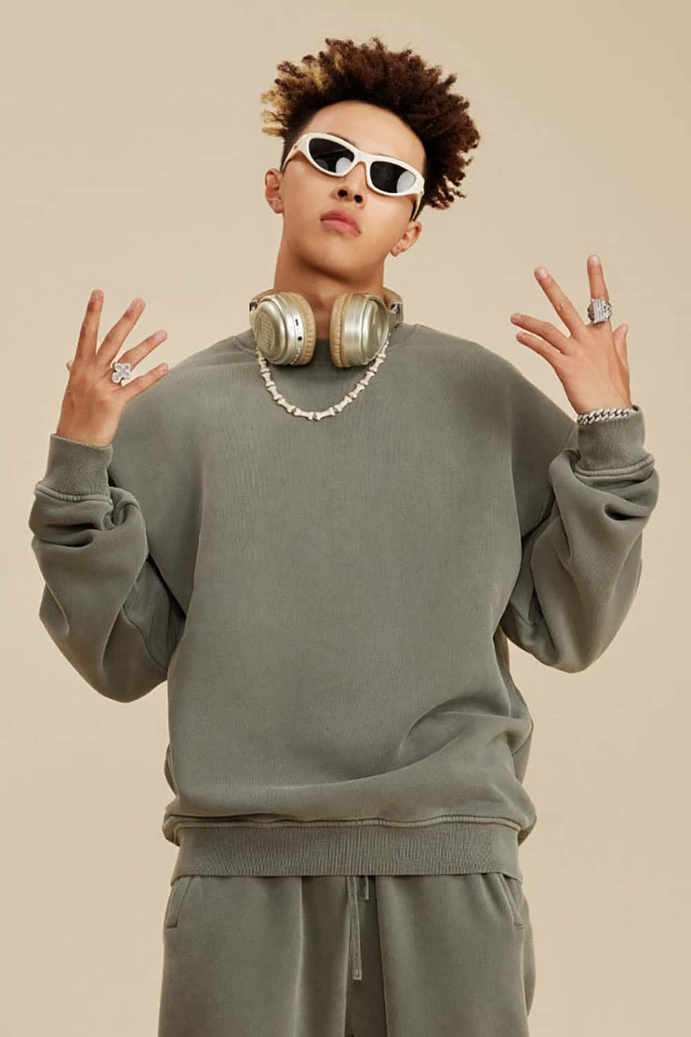 Washed Fleece-Lined Semi-High Neck Streetwear Sweatshirt