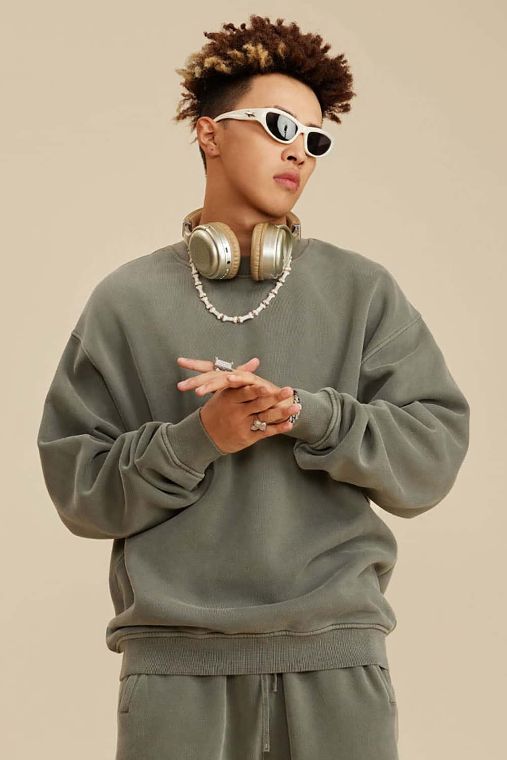 Washed Fleece-Lined Semi-High Neck Streetwear Sweatshirt