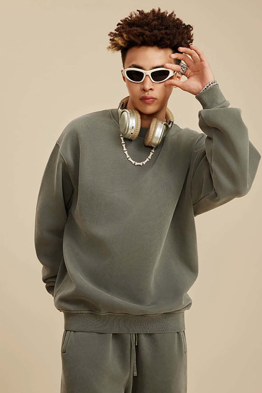 Washed Fleece-Lined Semi-High Neck Streetwear Sweatshirt
