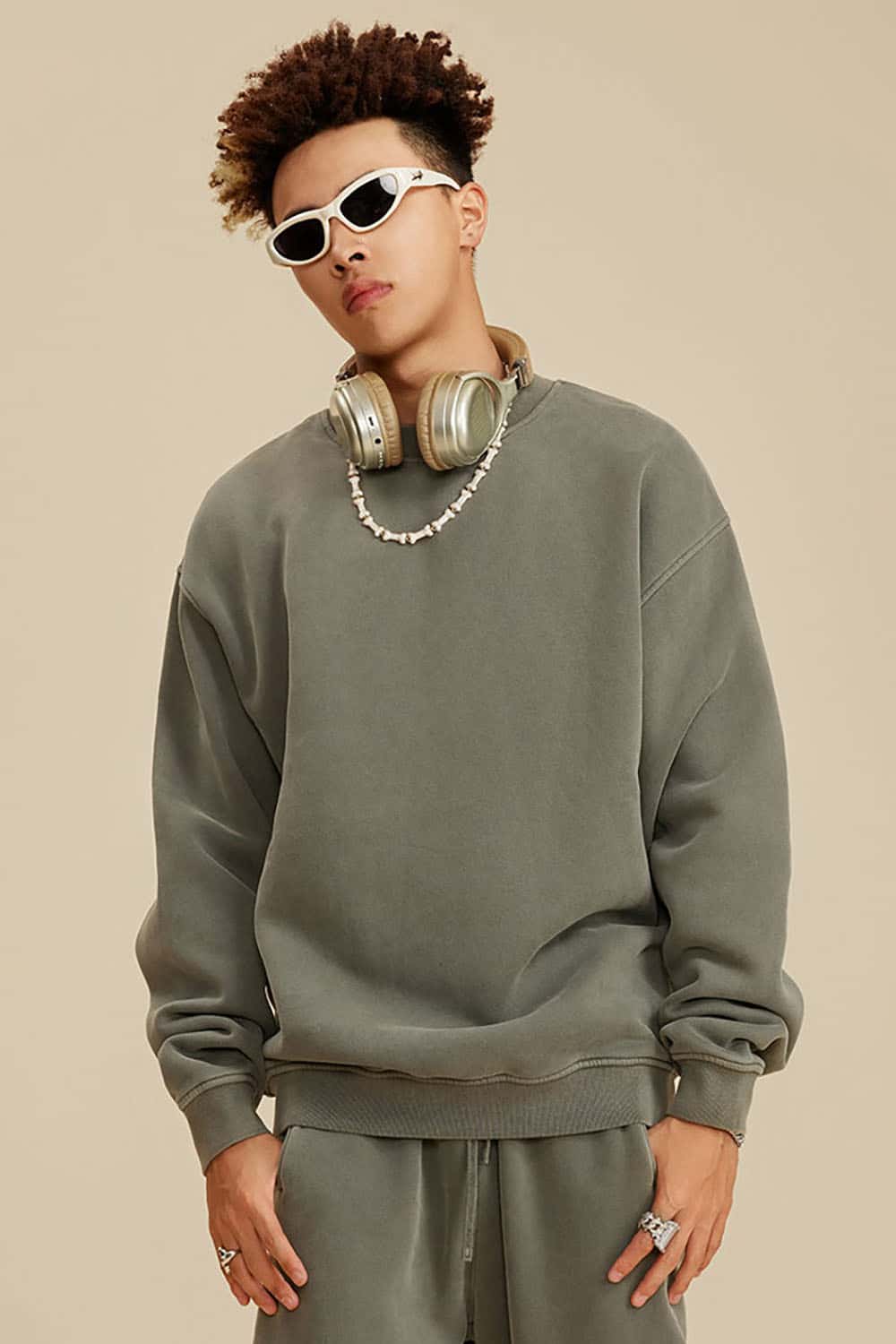 Washed Fleece-Lined Semi-High Neck Streetwear Sweatshirt