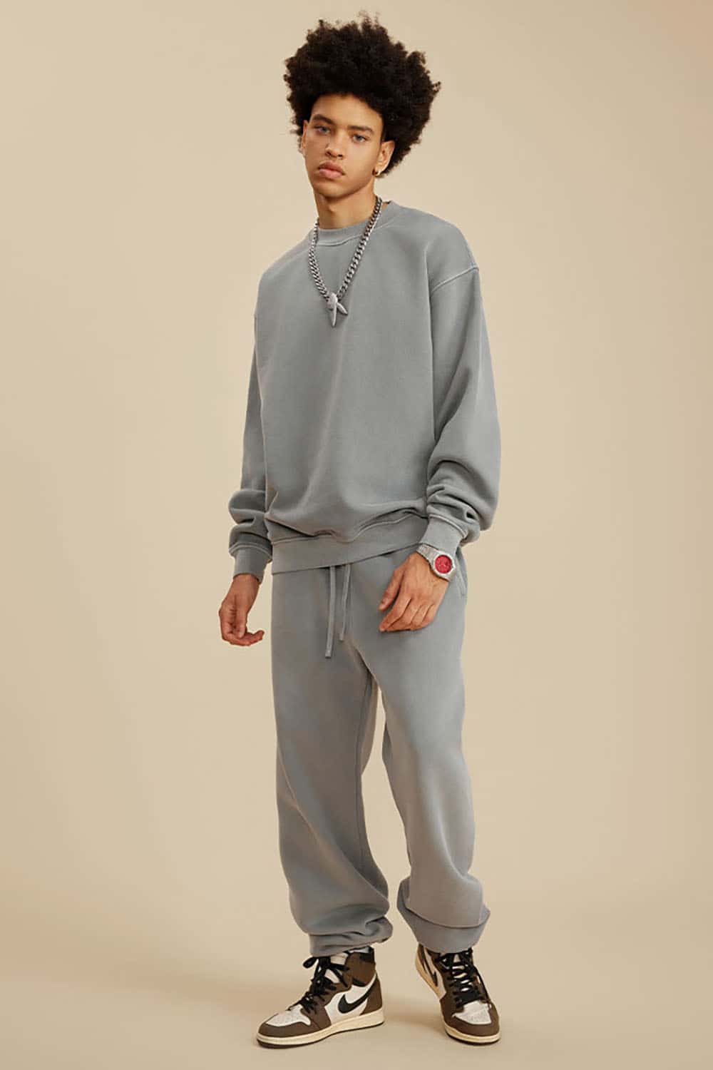 Washed Fleece-Lined Semi-High Neck Streetwear Sweatshirt