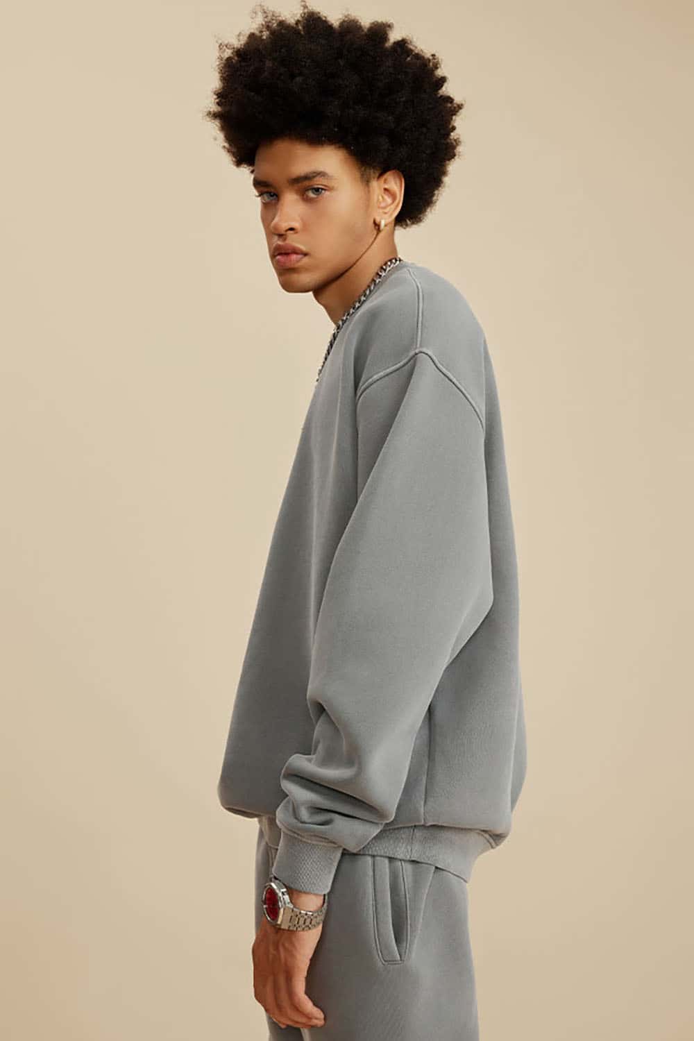 Washed Fleece-Lined Semi-High Neck Streetwear Sweatshirt
