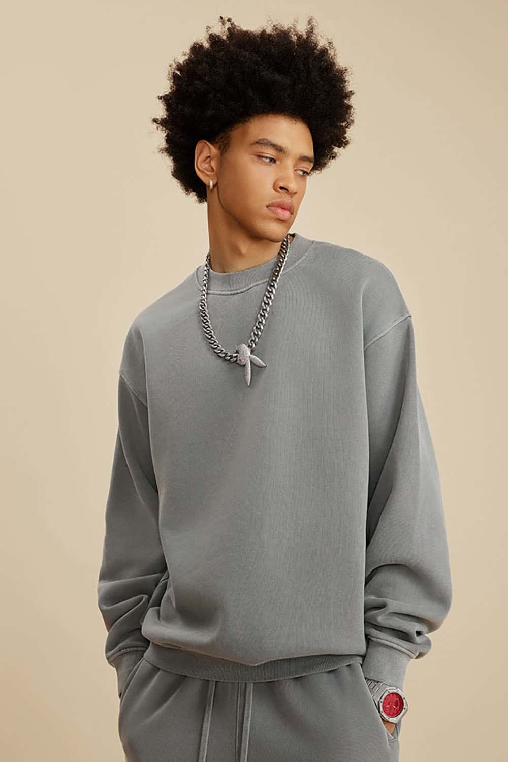 Washed Fleece-Lined Semi-High Neck Streetwear Sweatshirt