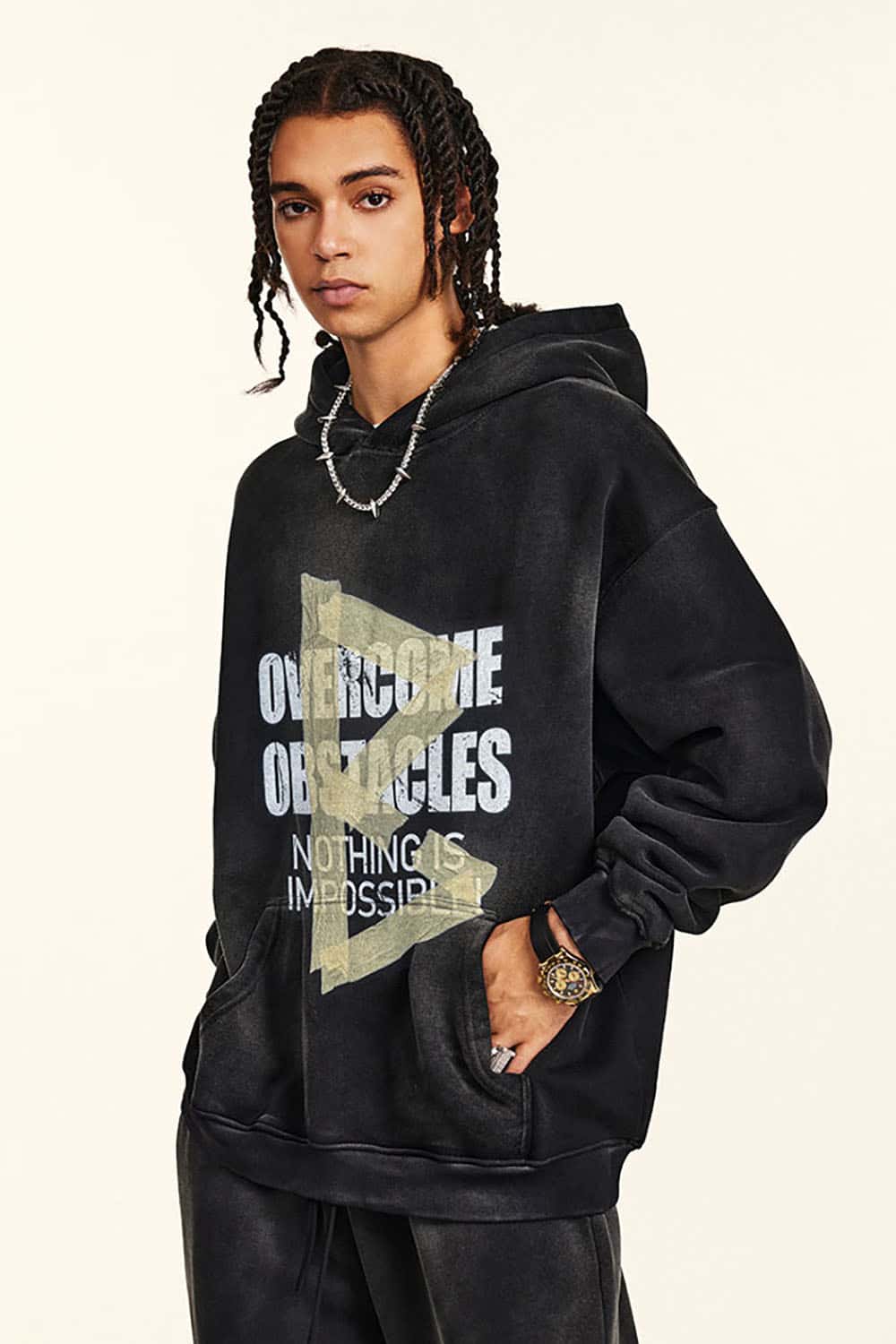 Oversized Washed Hoodie with Motivational Print
