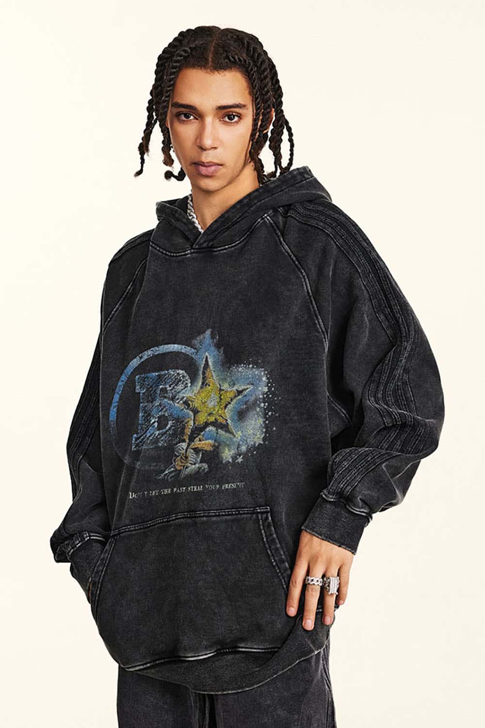 Loose Heavyweight Washed Hoodie with Inspirational Graphic