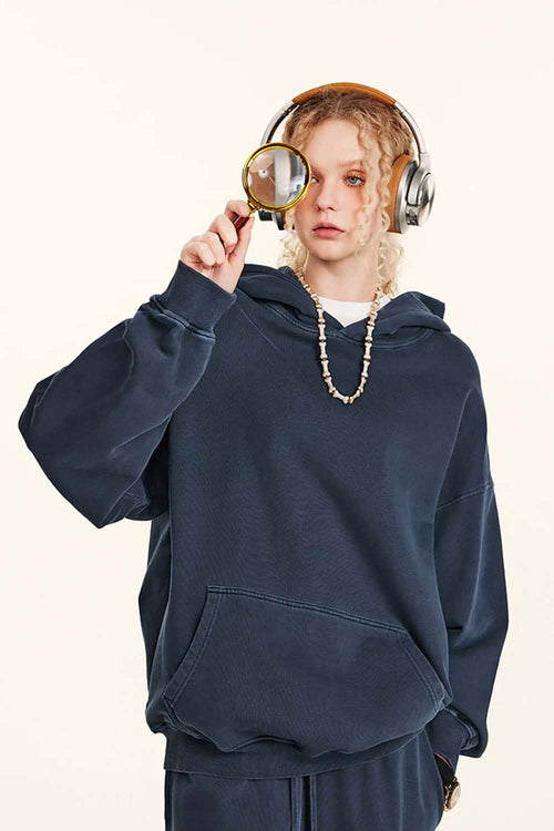 Heavy Washed Knit Hoodie - Royal Blue