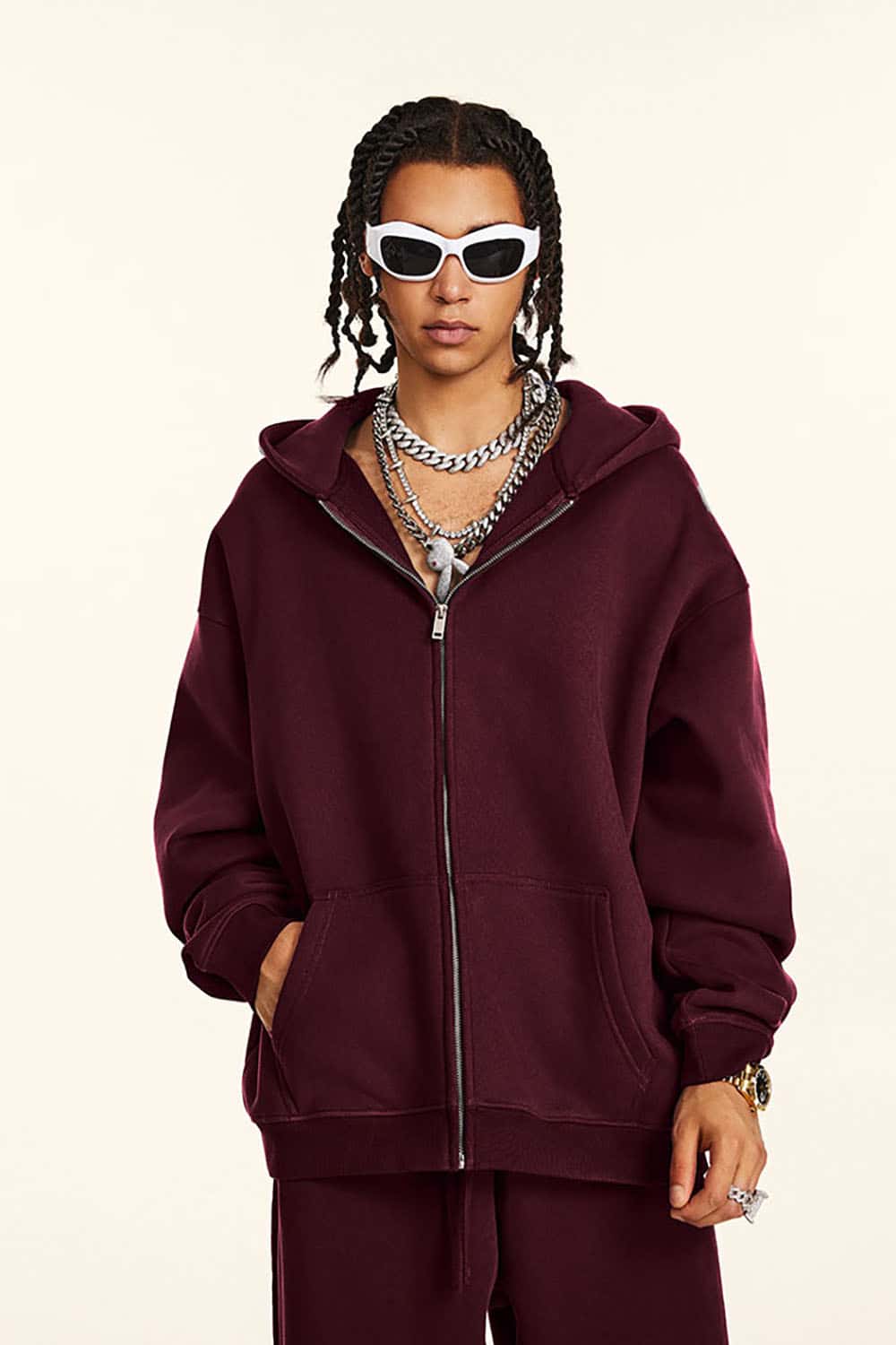 Solid Color Loose Fleece Hooded Zip-Up Knit Cardigan