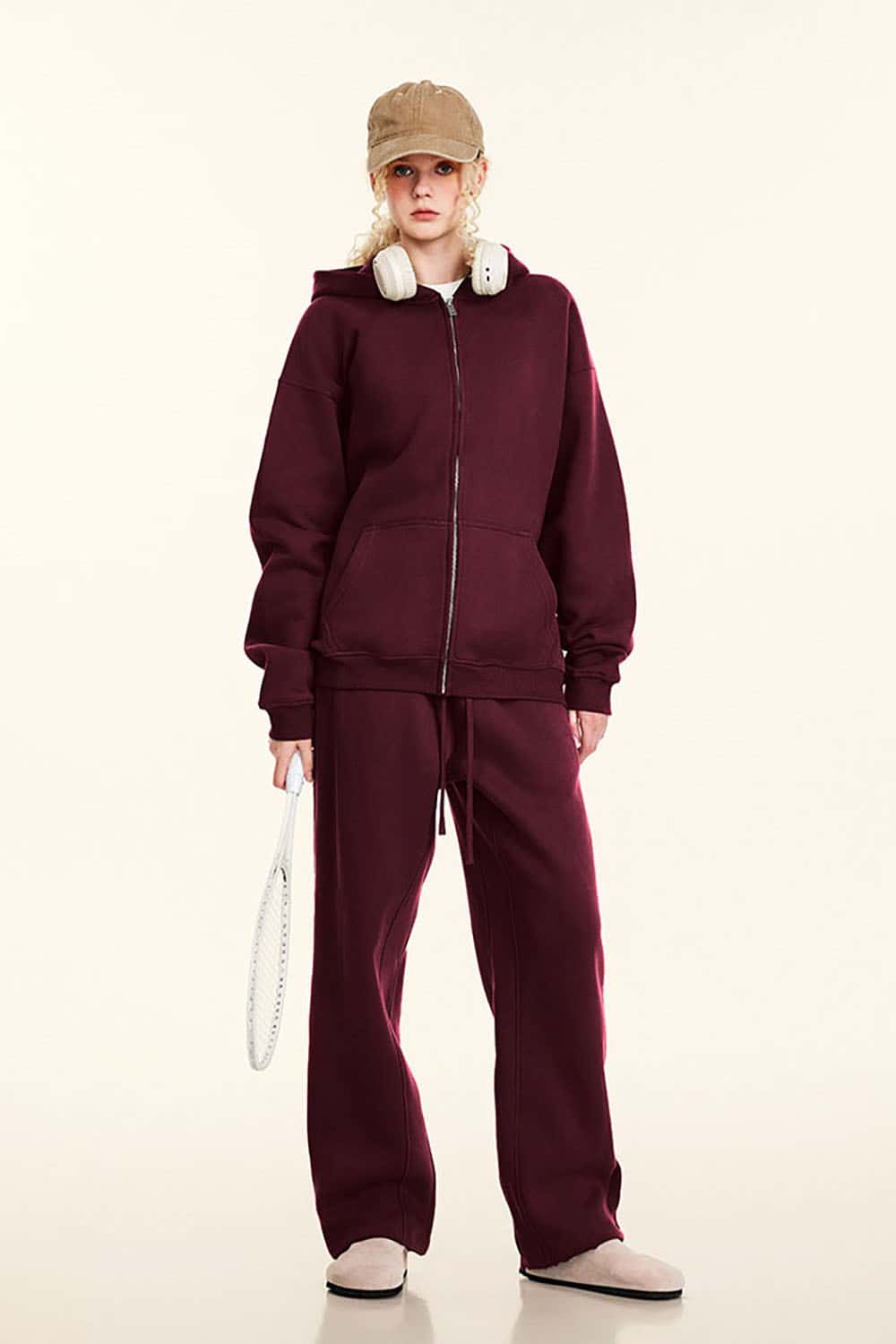 Solid Color Loose Fleece Hooded Zip-Up Knit Cardigan