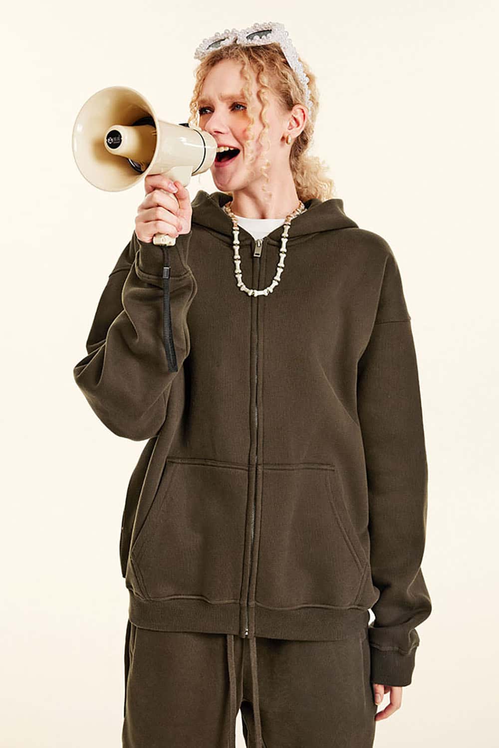 Solid Color Loose Fleece Hooded Zip-Up Knit Cardigan